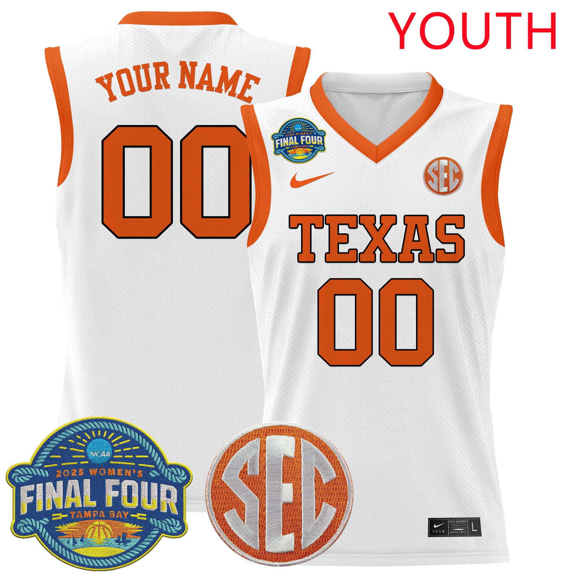 Youth Texas Longhorns White 2025 Nike Final Four Patch Lightweight Basketball Custom NCAA Jersey
